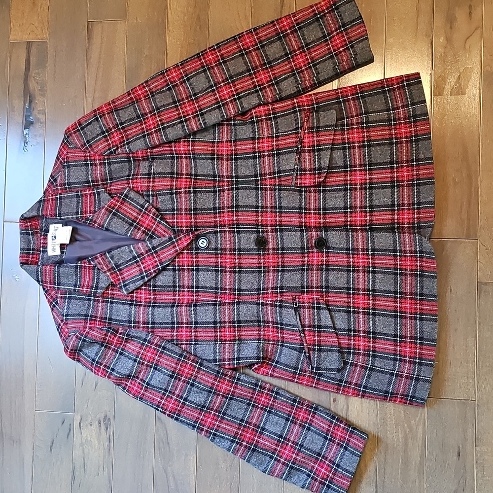 LAST CALL- Vintage White Stag Wool Blazer Jacket, Y2K, Size 12, Red/Gray Plaid